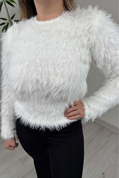 EXPLODE - Kadın Beyaz Bisiklet Yaka Tüylü Yumoş Oversize Triko Kazak