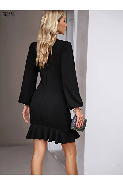 Kokosh moda Kadın Uzun Kollu Bisiklet Yaka Volanlı Mini Krep Elbise