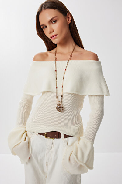 Lovelyİstanbul Off-The-Shoulder Flounce Knit Sweater Lns0086 Kemi̇k