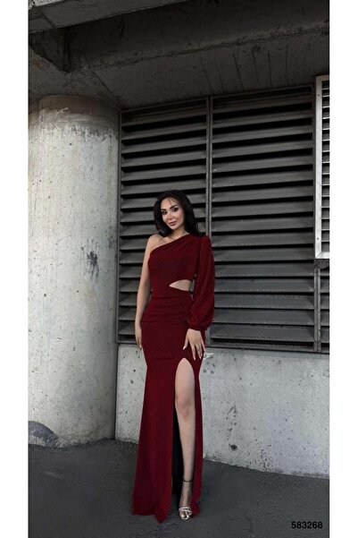 Modafeminen Flowers Esnek Kumaş Tek Omuzlu Pile Detaylı Abiye Elbise 583268 KIRMIZI