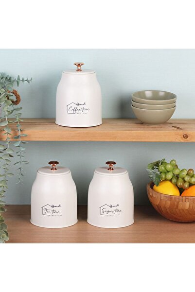 Danube Home Adrian 3-Piece Metal Jar Set Beige – Airtight Durable Storage for Pantry & Kitchen, 1000ml