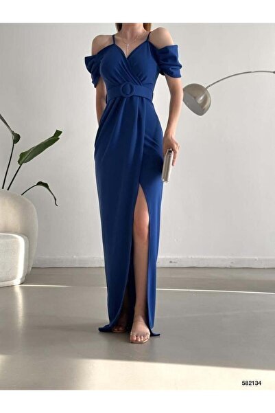 Modafeminen Düşük Omuz Yırtmaçlı Kemerli Elbise 582134 Saks