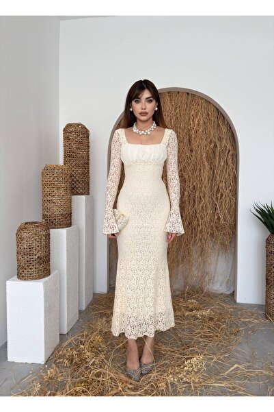 conconmoda Matilda Dantel Uzun Beyaz Elbise