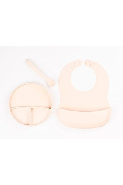 TTT Cream Color 3-Piece Silicone Dinnerware Set – Bib + Teething Spoon + Vacu...