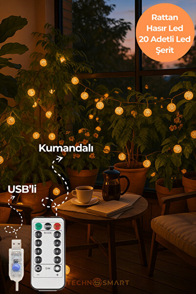 TechnoSmart 20 Ledli Rattan Top Şerit Led Işık – USB’li ve Kumandalı, 4m, 8 Mod Dekoratif Aydınlatma
