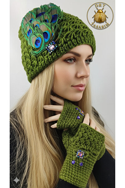 drt tasarım Kadın Tavus Kuşu Tüy Süslemeli Bere ve Eldiven DRT-BEAN-203