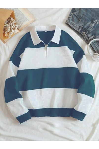 Parçalı Renk Yarım Fermuarlı Polo Yaka Sweatshirt Içi Polarlı Unisex Akmayan Kumaş