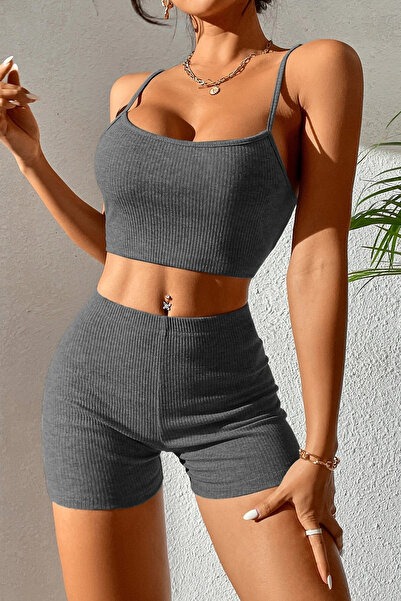 içgiyimist Anthracite Gray Suspender Crop Blouse Shorts Set Im-0233