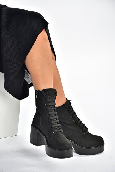 Fox Shoes V726681502 Siyah Süet Kalın Topuklu Bağcıklı Kadın Bot