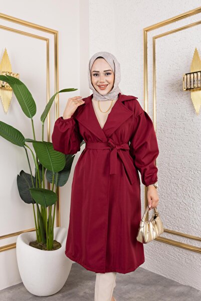 exxitcollection Kadın Trençkot Bondit Kumaş Yakalı Bağlamalı Şık Rahat Su Geçirmez