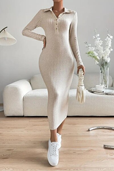 Mossta Polo Neck Buttoned Embroidered Camisole Dress - Beige