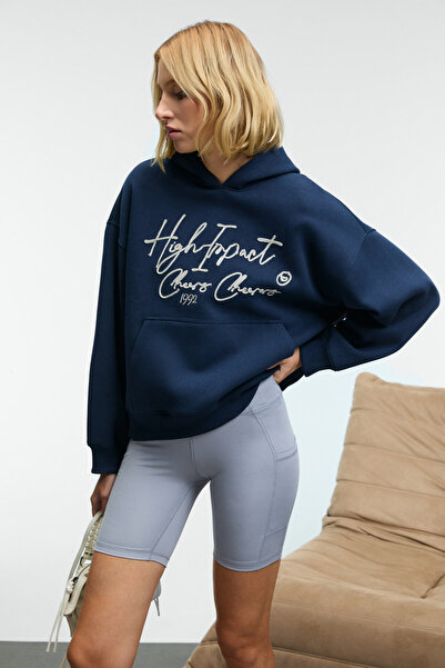 GRIMELANGE Kikres Women's Hooded Embroidery Detailed Oversize Navy Blue Sweatshirt