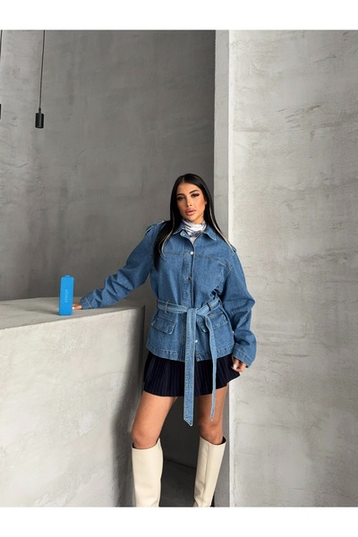 R&G RIMANERE GIOVANI Jachetă de blugi oversize pentru femei, cu curea în talie