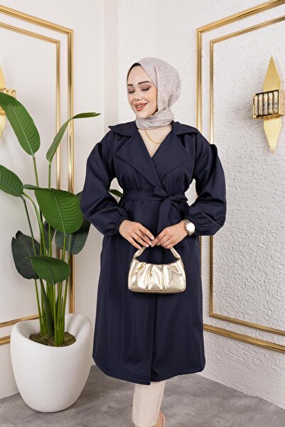 exxitcollection Kadın Trençkot Bondit Kumaş Yakalı Bağlamalı Şık Rahat Su Geçirmez