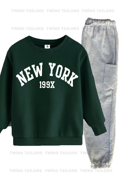 twins tailors Σετ παιδικής φόρμας Unisex 2 τεμαχίων με πράσινο-μπεζ χρώμα με στάμπα Brooklyn και Mix, με εσωτερική επένδυση από ριχτάρι