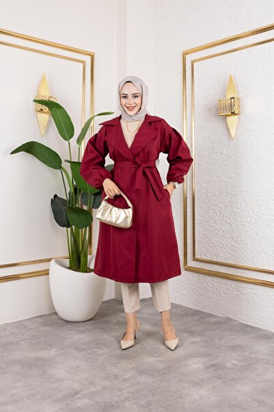 exxitcollection Kadın Trençkot Bondit Kumaş Yakalı Bağlamalı Şık Rahat Su Geçirmez