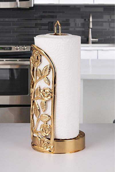 naturelove Altın Renk Gül Desenli Metal Kağıt Havluluk – Mutfak Kağıt Havlu Standı
