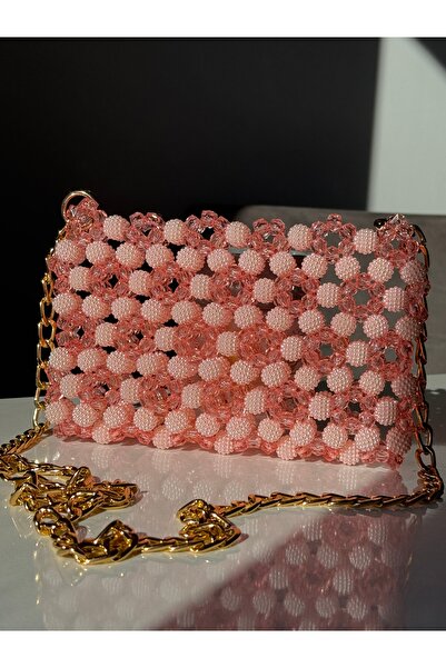 begüm jewelery PEMBE BÖĞÜRTLEN VE PARLAK TAŞLARLA BİRLEŞTİRİLMİŞ ÇİÇEK MODEL TASARIM EL ÇANTASI