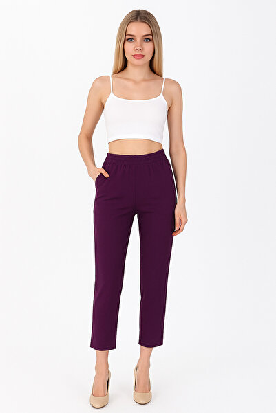 SheLoria Kadın Patlıcan Moru Çift Cepli Beli Lastikli Dar Paça Dabıl Pantolon
