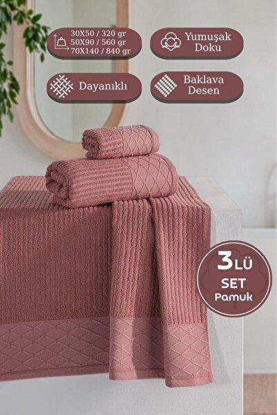 MODALİN Cumba %100 Pamuk 3’lü Havlu Takımı - 30x50, 50x90, 70x140