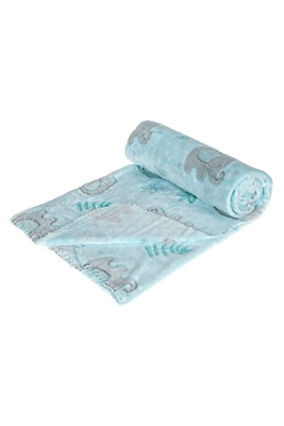 SHOPIENS Patura pentru bebelusi catifelata Shopiens®, albastru ciel cu model elefanti, 110 x 80 cm