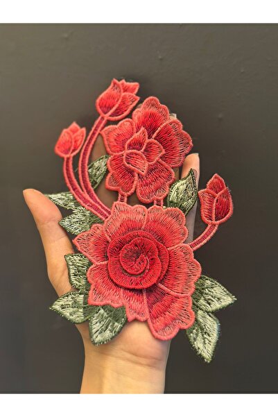 Gönülden Tasarım Aplicație de cusut cu broderie roșie cu flori 18x13 cm
