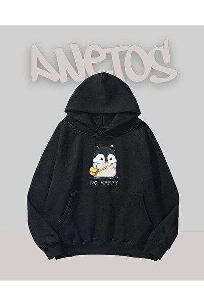 Anetos Mutsuz Penguin Design Negru Față cu imprimeu Swea tricou