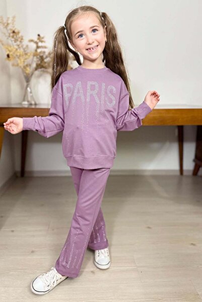 Riccotarz Girl's Crystal Stone Paris Written Spanish Leggings Purple Tracksuit Set