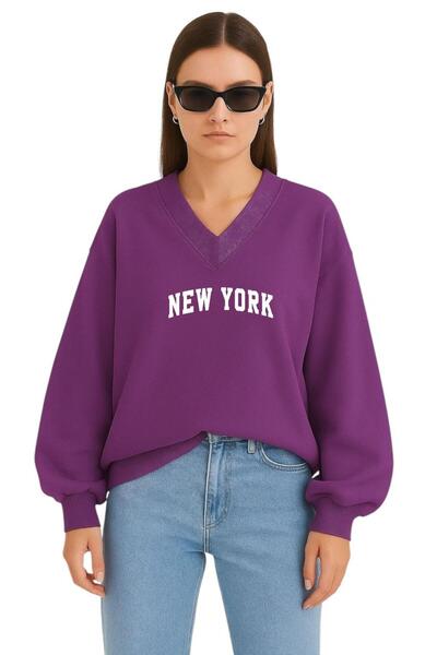 E-ROMA SWEATSHIRT UNISEX CU DECUPAJ ÎN V IMPRIMAT NEW YORK