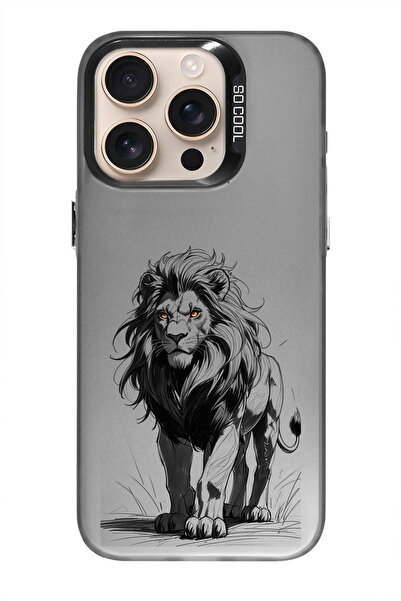 PrintiFy iPhone 16 Pro Max ile Uyumlu Aslan Tasarımlı Metalik Görünüm Mat Silikon Kılıf