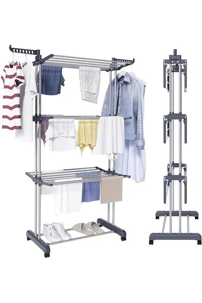 Taimi 4-Tier Clothes Drying Rack (Gray) – Each Layer Supports 10 kg , Rolling Design -170H x 76W x 50D cm