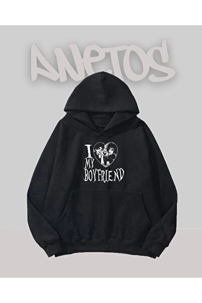 Anetos Iubesc designul Boyfriend Sweatshirt negru cu imprimeu pe față