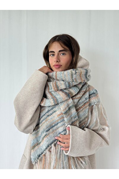 Retrobird Eșarfă tricotată moale de dimensiuni mari pentru femei, albastru cenușă