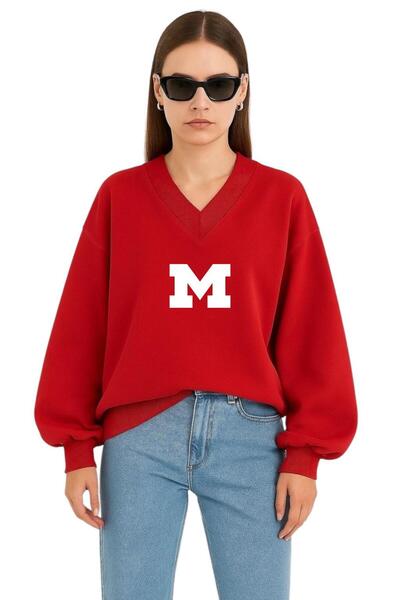 BENROMA سترة رياضية مطبوعة بحرف M للجنسين بياقة على شكل V