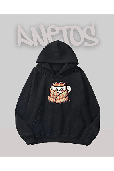 Anetos Cafea Design Negru Față cu imprimeu Swea tricou