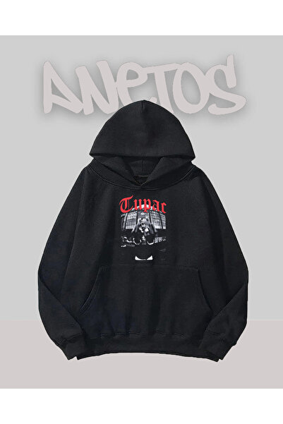 Anetos Tupac 1 Design Negru Față cu imprimeu Swea tricou