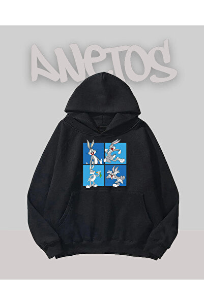 Anetos Bugs Bunny Design Hanorac Negru cu Imprimeu pe Față