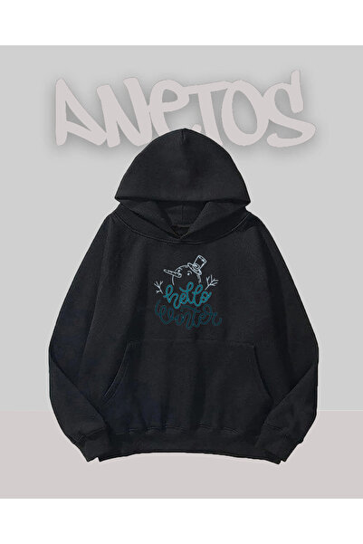 Anetos Hello Winter Design Sweatshirt negru cu imprimeu pe față