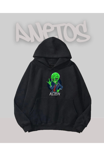 Anetos Alien Gang Design Negru Față cu imprimeu Swea tricou