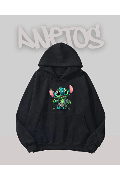Anetos Zombie Sticth Design Negru Față cu imprimeu Swea tricou