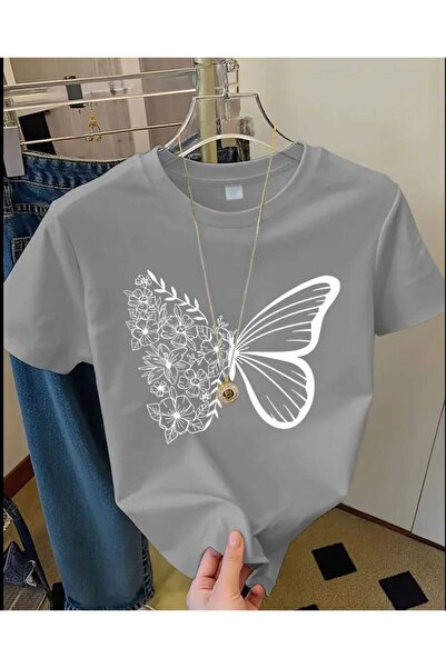 ORVIO Group Women's Butterfly and Floral Print T-Shirt