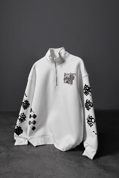 Slatra Ανδρικό φούτερ με μισό φερμουάρ, λευκό Affect Flock Print, Oversize