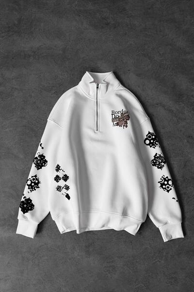 Slatra Ανδρικό φούτερ με μισό φερμουάρ, λευκό Affect Flock Print, Oversize