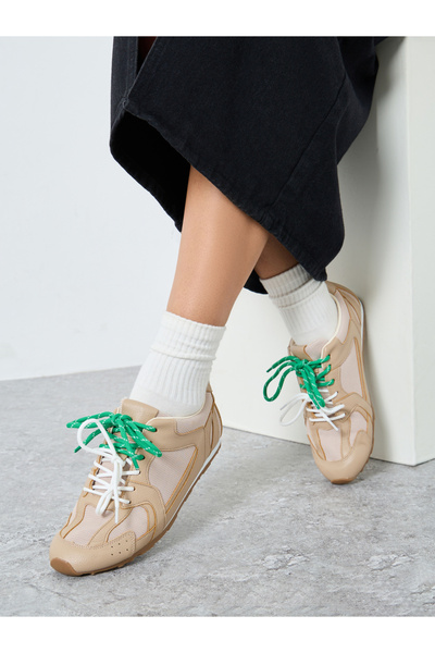 Styli Beige Panelled Lace Up Sneakers