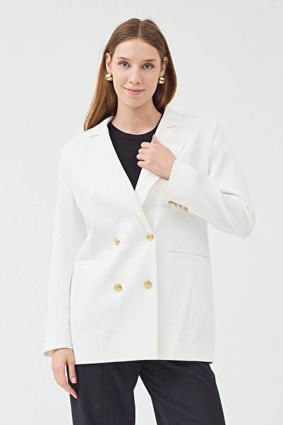 DOLCEBELLA Kadın Kruvaze Kapamalı Reglan Kollu Fletolu Cep Detaylı Beyaz Ceket