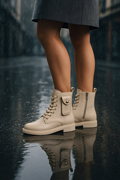 ich1one Iselleth Γυναικείες μπότες με κορδόνια και φερμουάρ Daily Boots 001204 Skin