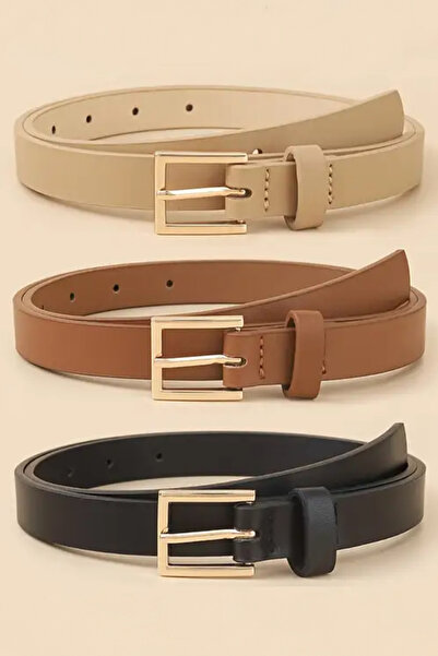 H&E LUXURY DESIGN Kadın 3'lü Gold Kare Tokalı Pantolon, Gömlek, Ceket, Elbise, Kazak Kemeri 2.5 cm