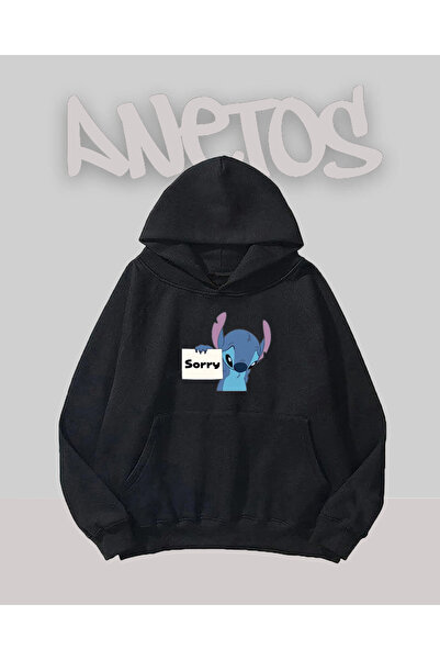 Anetos Sorry Sticth Design Sweatshirt negru cu imprimeu pe față