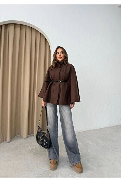 VESS MODA Women's Belt Detail High Neck Cashemere Poncho Jacket