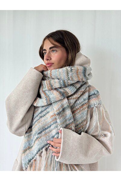 Retrobird Eșarfă tricotată moale de dimensiuni mari pentru femei, albastru cenușă